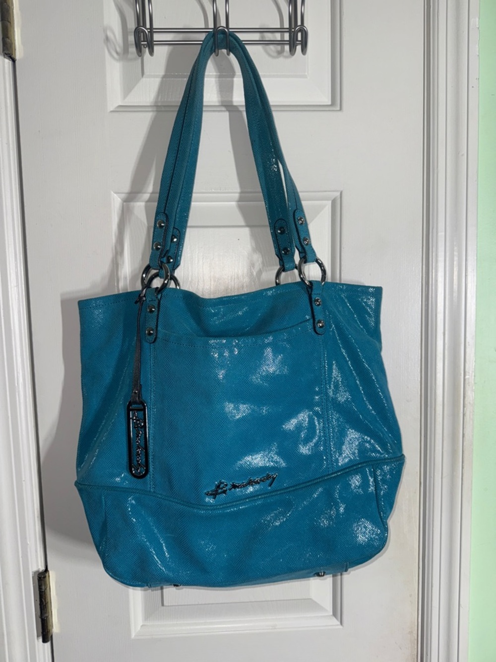 B. Makowsky Bright Teal 100% Leather Snake Print Large Tote Style Handbag Purse